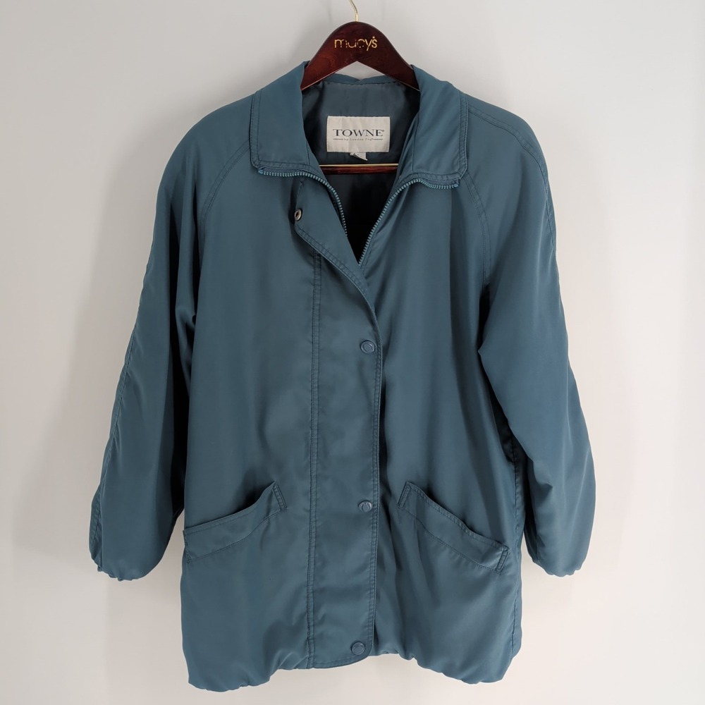 Vintage Towne By London Fog Full Zip Snap Pockets Raincoat Jacket Teal Size S